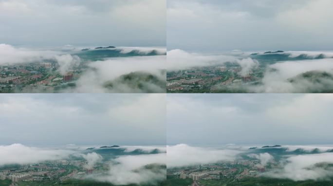 城镇航拍 晨雾环绕  风力发电 天空云层