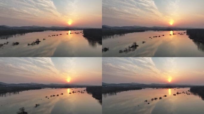 航拍汉江国家湿地公园夕阳黄昏落日自然风光