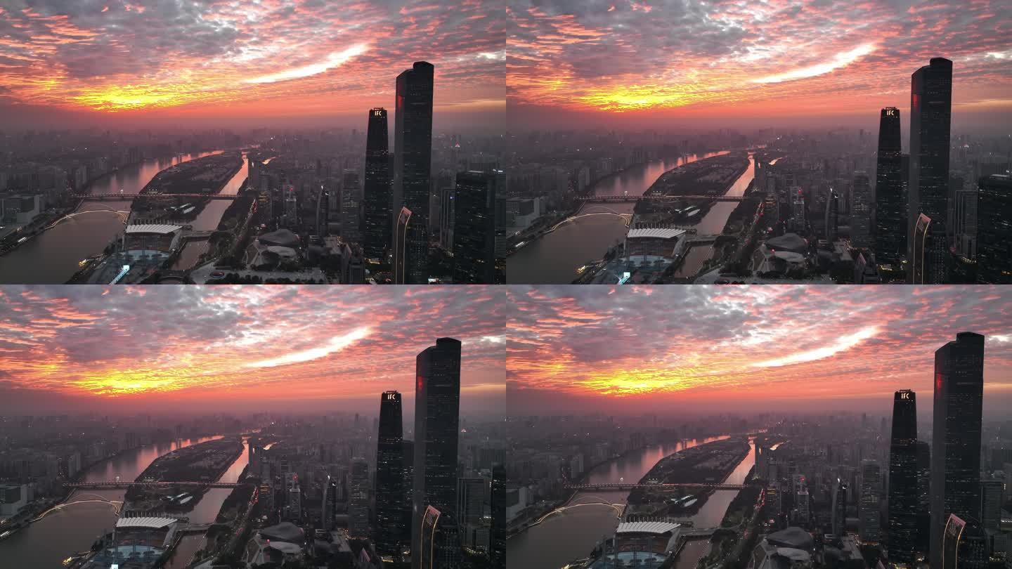 航拍广东广州黄昏时分的城市天际线景观