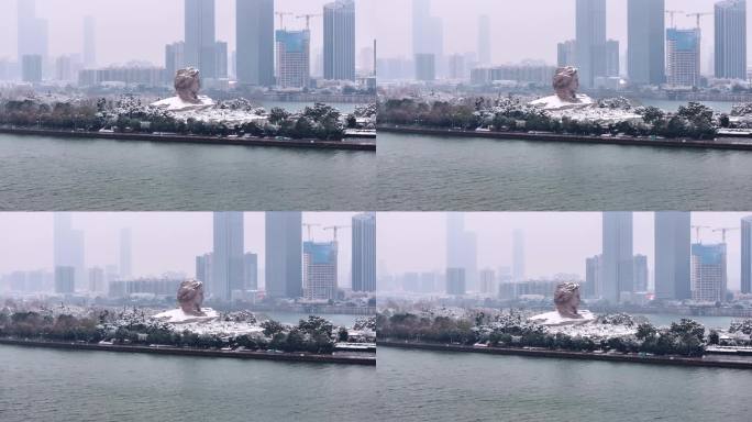 长沙橘子洲毛泽东青年雕塑罕见雪景航拍