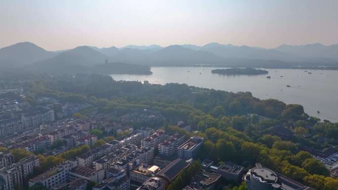 浙江杭州西湖景区环城西路城市风景航拍风光