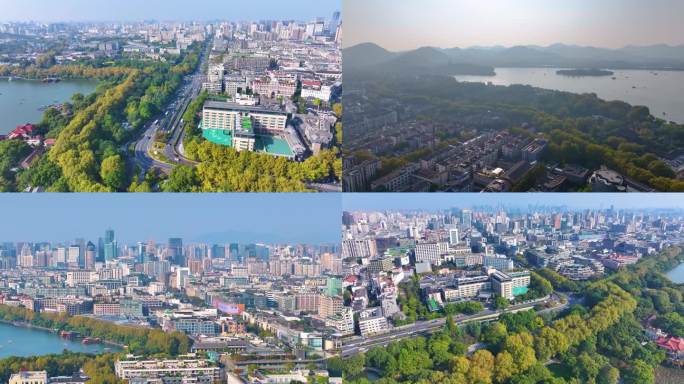 浙江杭州西湖景区环城西路城市风景航拍风光