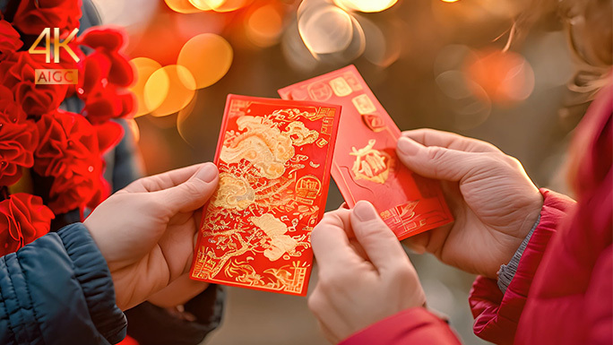 中国春节年俗 发财红包利是 喜庆欢乐祥和