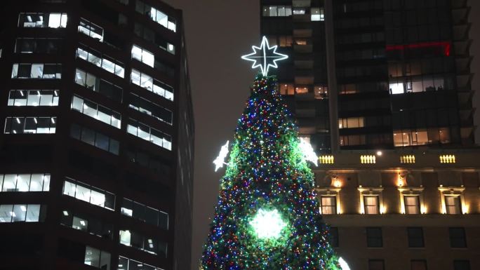 近距离的视差温哥华市非常大和高的圣诞树点亮和发光聚焦在星星在顶部围绕着高大的建筑物在黑暗的冬夜