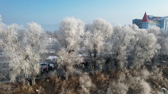 吉林雾凇树挂自然奇观冬季松花江风光航拍