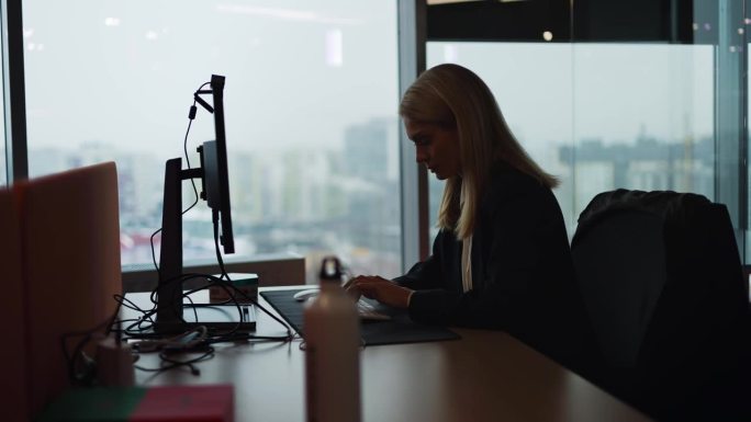从办公室全景窗口看在笔记本电脑上专心工作的女商人剪影。女经理在室内用键盘打字。严肃的女性专业人士看着