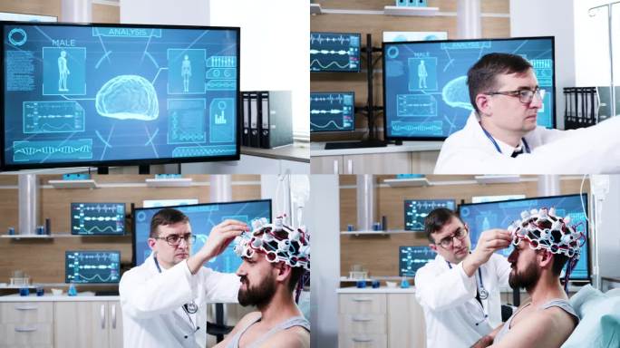 神经学博士为病人准备脑部扫描