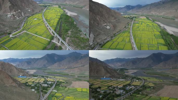 雅鲁藏布江畔的田园和拉林铁路上的动车