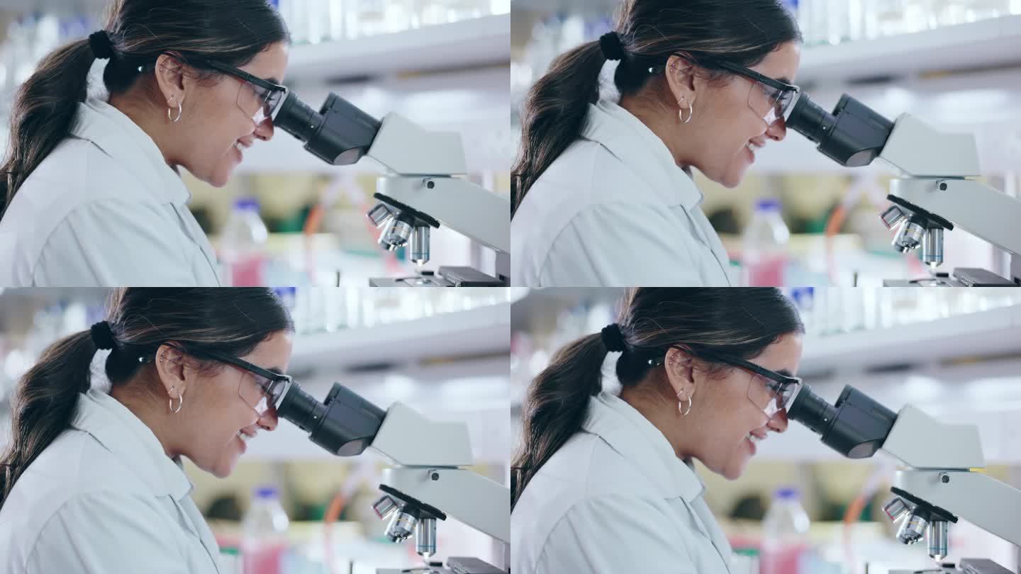 显微镜，快乐的科学家和妇女在实验室进行医学研究，分析和化学发展。理科生，生物技术和检查镜头审查调查，