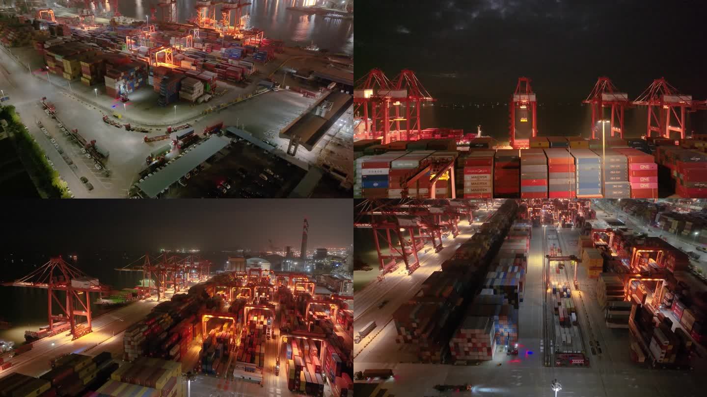深圳集装箱码头港口航拍夜晚夜景机械工业素