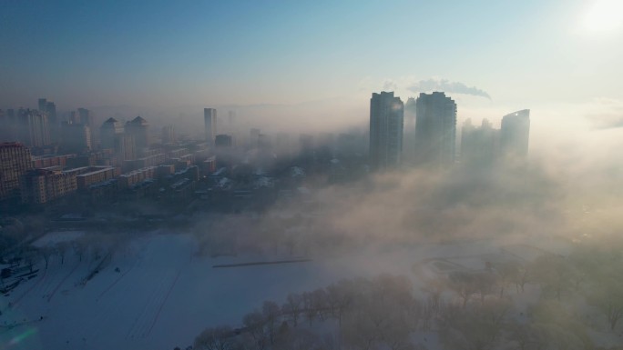 吉林雾凇城市建筑冬季松花江风光航拍