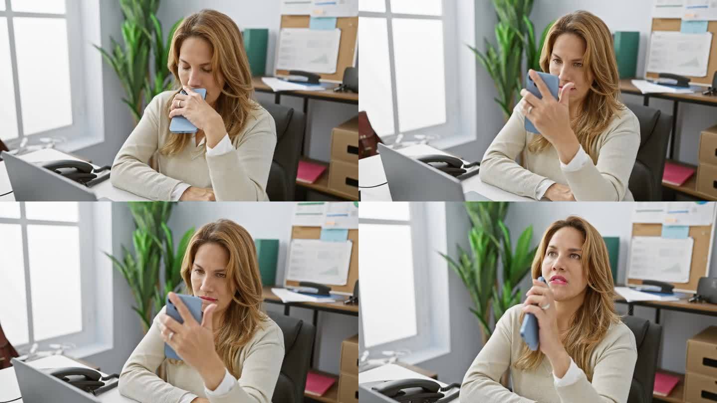一位沉思的女士在现代办公环境中与她的智能手机互动，突出了专业和连接的主题。