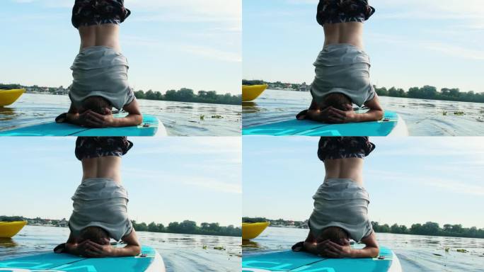 男人做瑜伽是为了提高冲浪板的整体平衡感