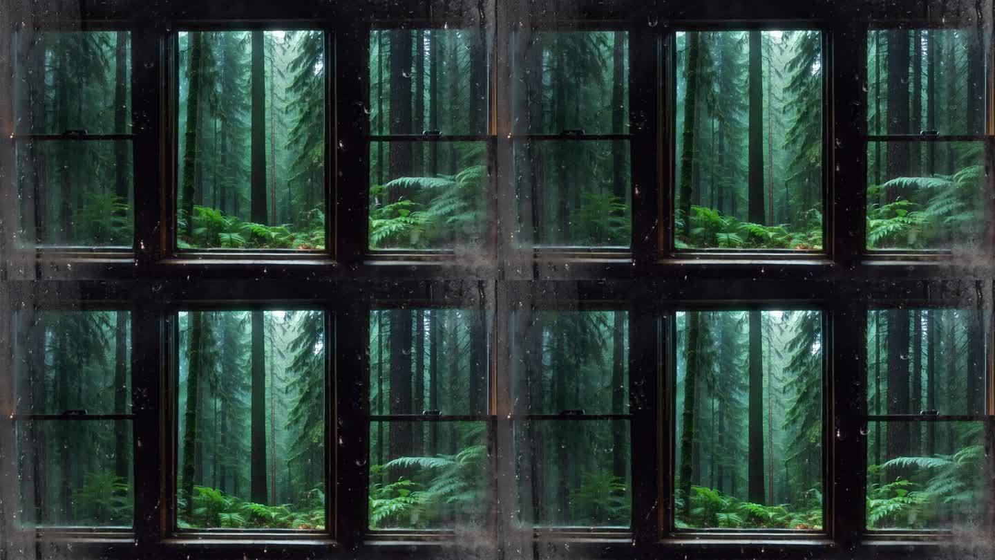 4K唯美下雨森林树林窗户雨水雨滴概念背景