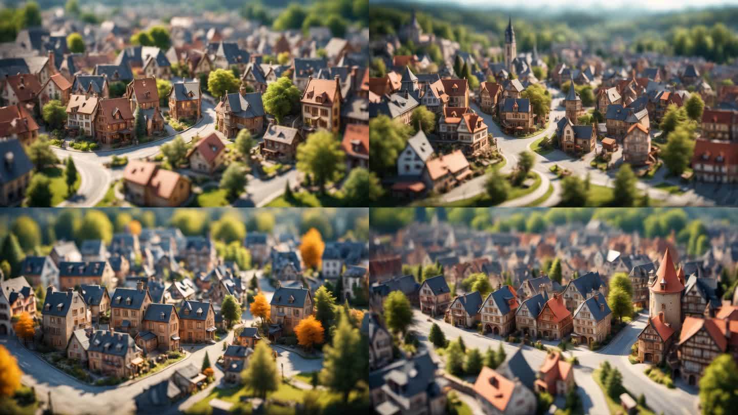 小镇移轴拍摄小村庄唯美空镜头