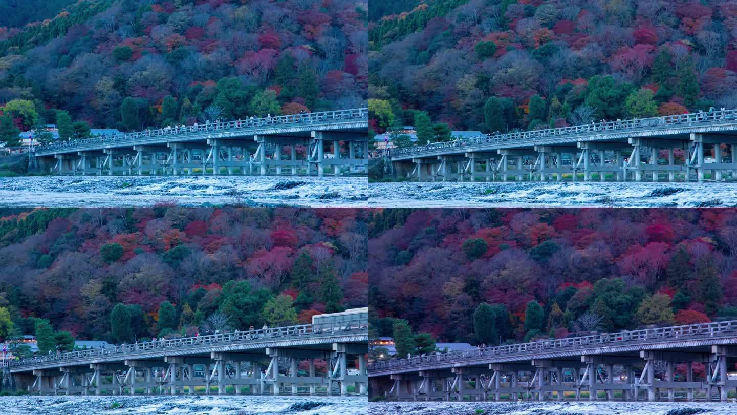 秋天，京都东筑桥的黄昏延时长焦镜头放大