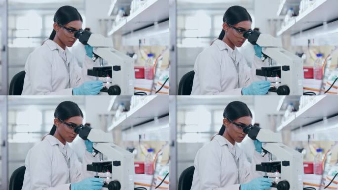显微镜，科学和女性在实验室研究，分析和研究基因，粒子或dna。快乐的年轻科学家，生物技术和检查镜头审