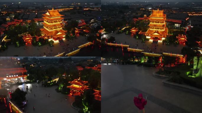 台儿庄古城城市建筑夜景航拍实拍
