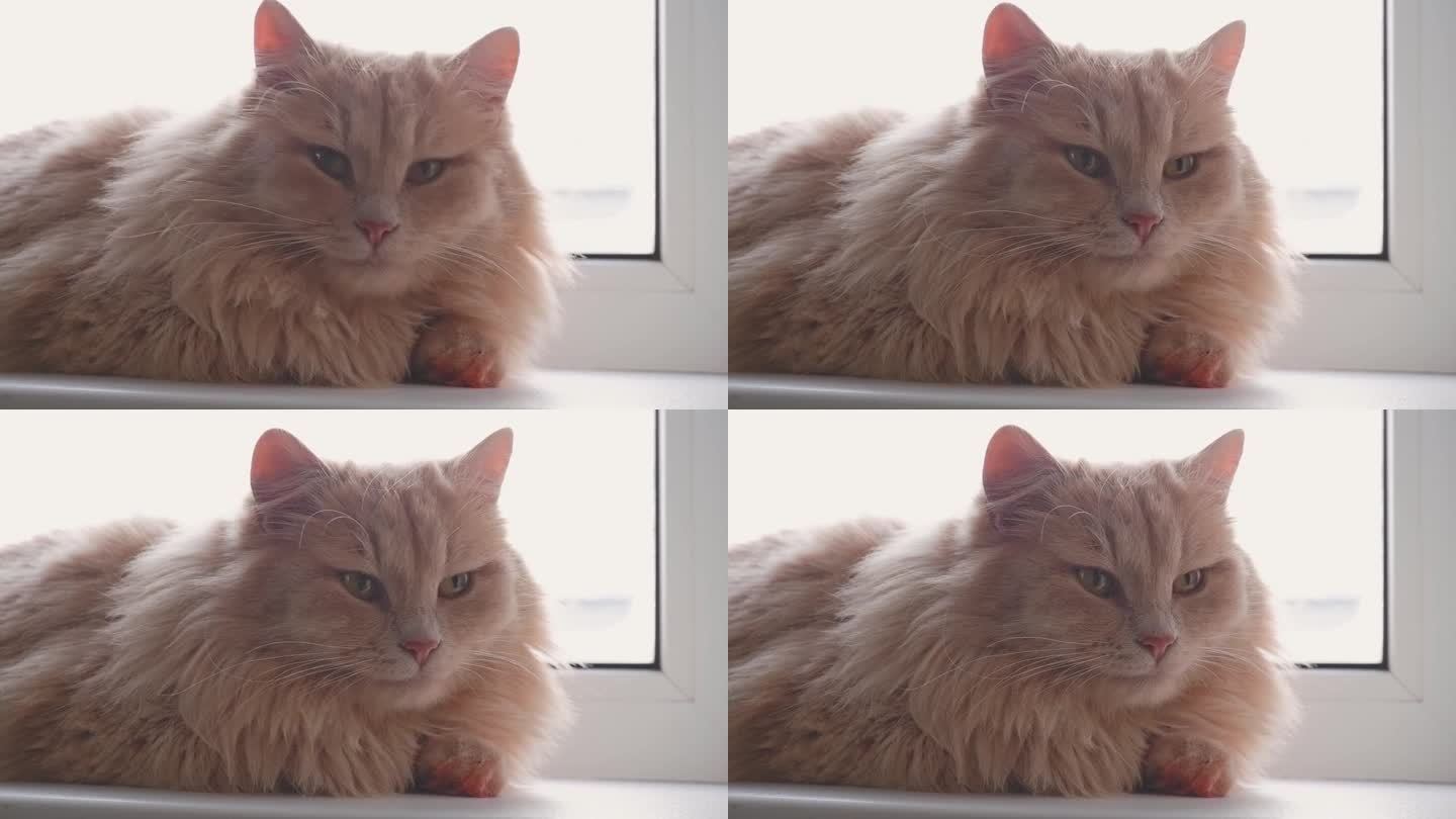一只毛绒绒的桃猫趴在窗前，睡觉，打瞌睡的特写。动物在温暖的阳光下晒太阳。冬天的时候，它喜欢在窗台上休
