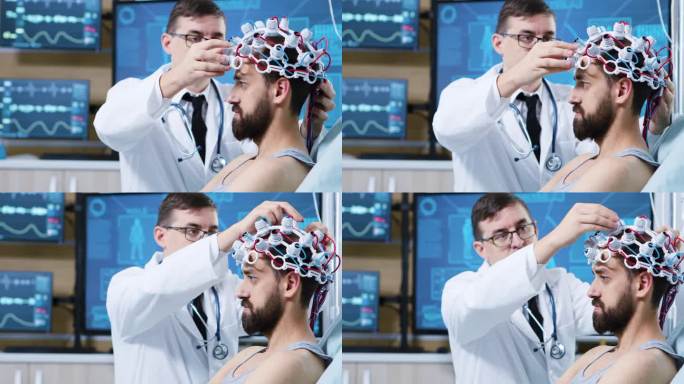 病人在现代化设备中准备进行脑部扫描
