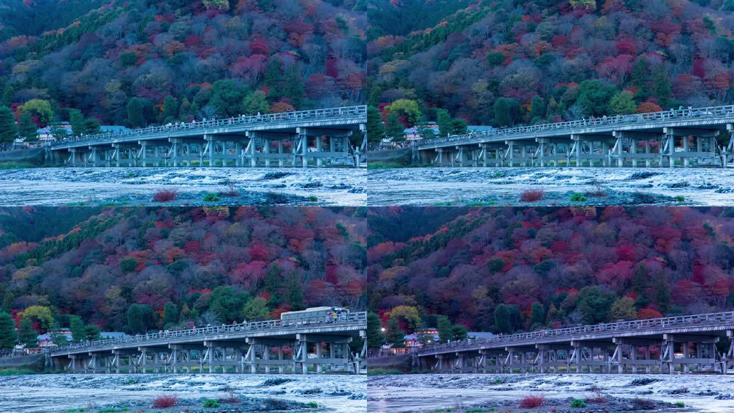 秋日长焦拍摄的京都东筑桥黄昏时景