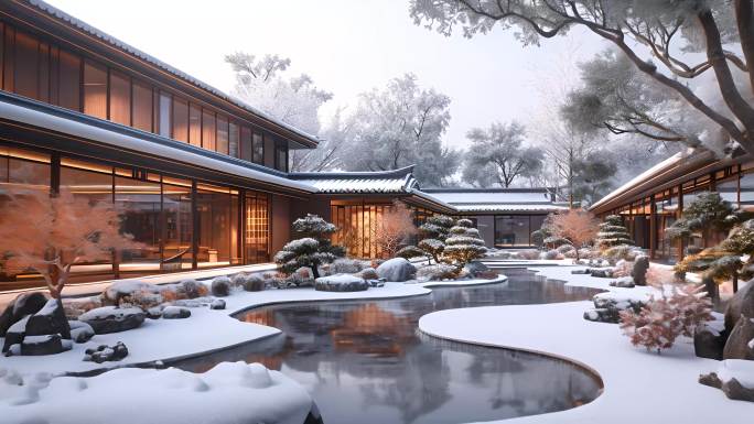 冬季冬天中式庭院雪景房地产
