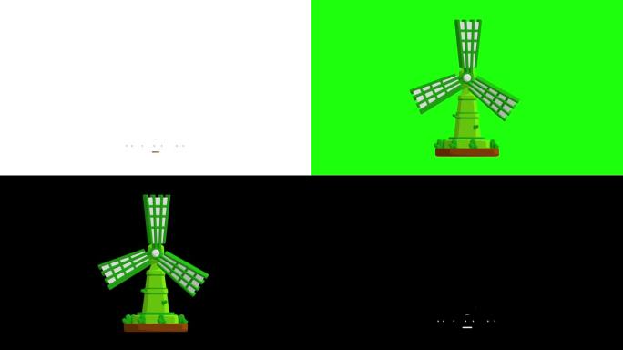 卡通绿色风车弹出动画与可持续发展主题循环白色背景，绿色屏幕，覆盖，和阿尔法哑光剪辑具有相同的持续时间
