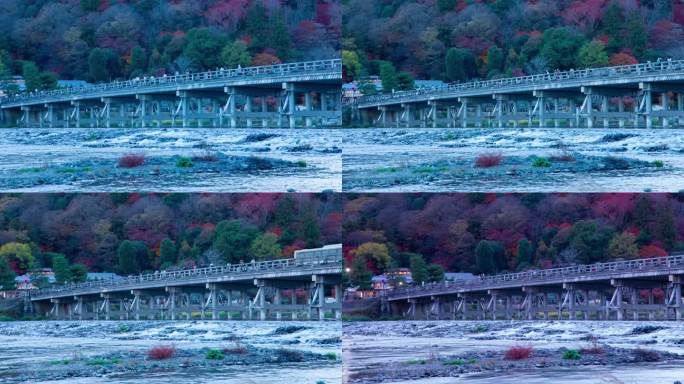 秋日长焦拍摄的京都东筑桥黄昏时景