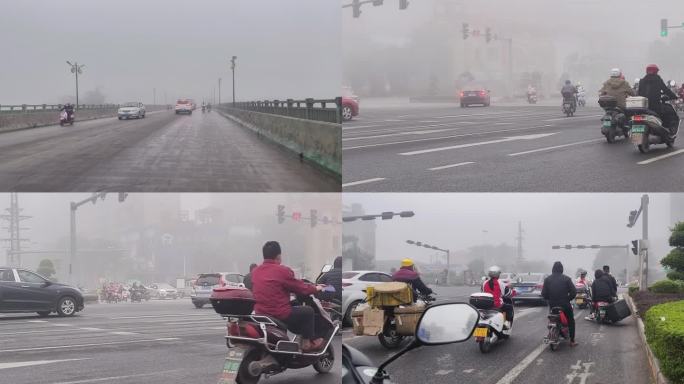 大雾公路车流公路摩托大军行车道路车辆符号