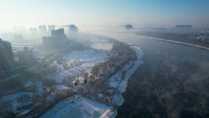 吉林雾凇城市建筑冬季松花江风光航拍