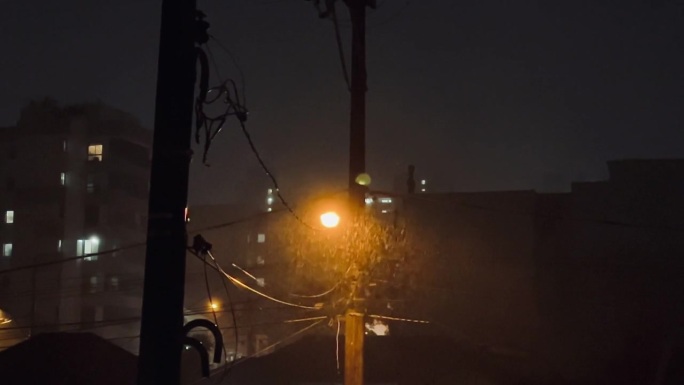 城市里有大雨，晚上有风，有路灯亮着