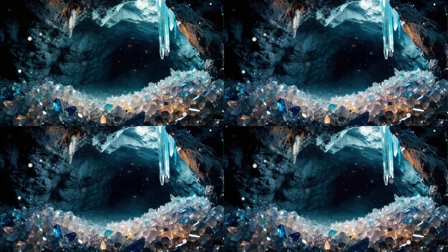 4K唯美梦幻动画水晶立体洞穴冰洞概念背景