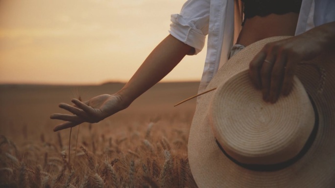 农场里的女人，欣赏小麦作物的感觉