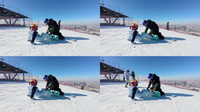 滑雪 大人帮小孩穿雪鞋 亲子