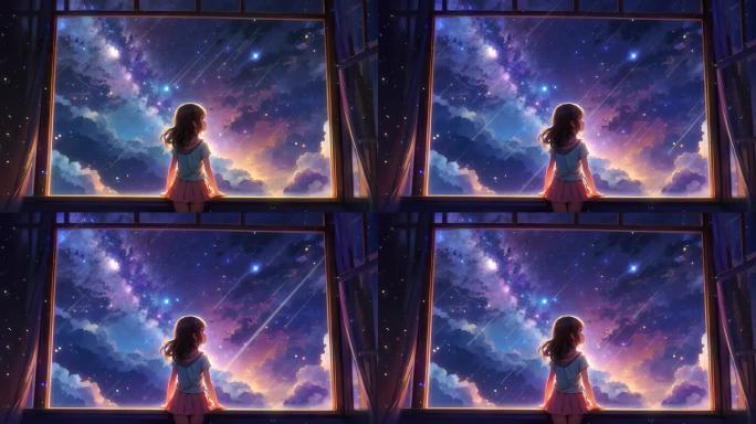 4K唯美梦幻女孩在窗边看星夜星空流星背景