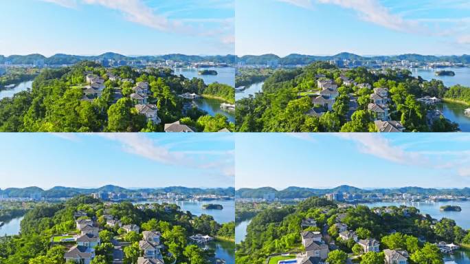 杭州近湖居住区建筑与绿林自然景观航拍影像