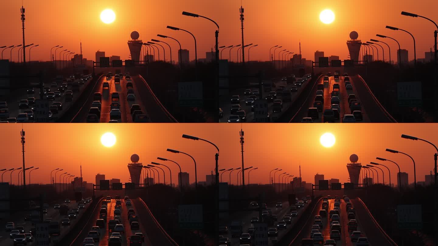 高清实拍夕阳下繁华的北京五环路交通视频