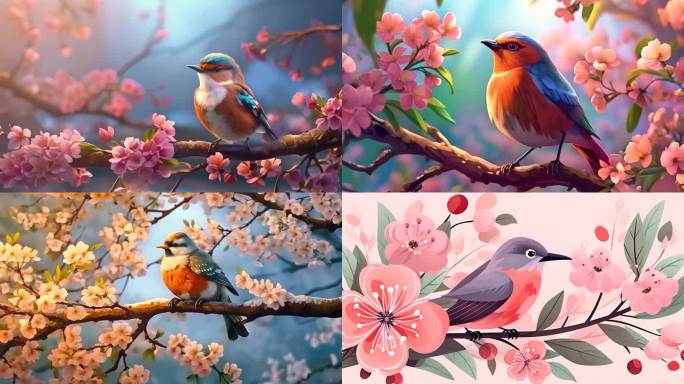 春天开满鲜花的树枝上的小鸟特写动画