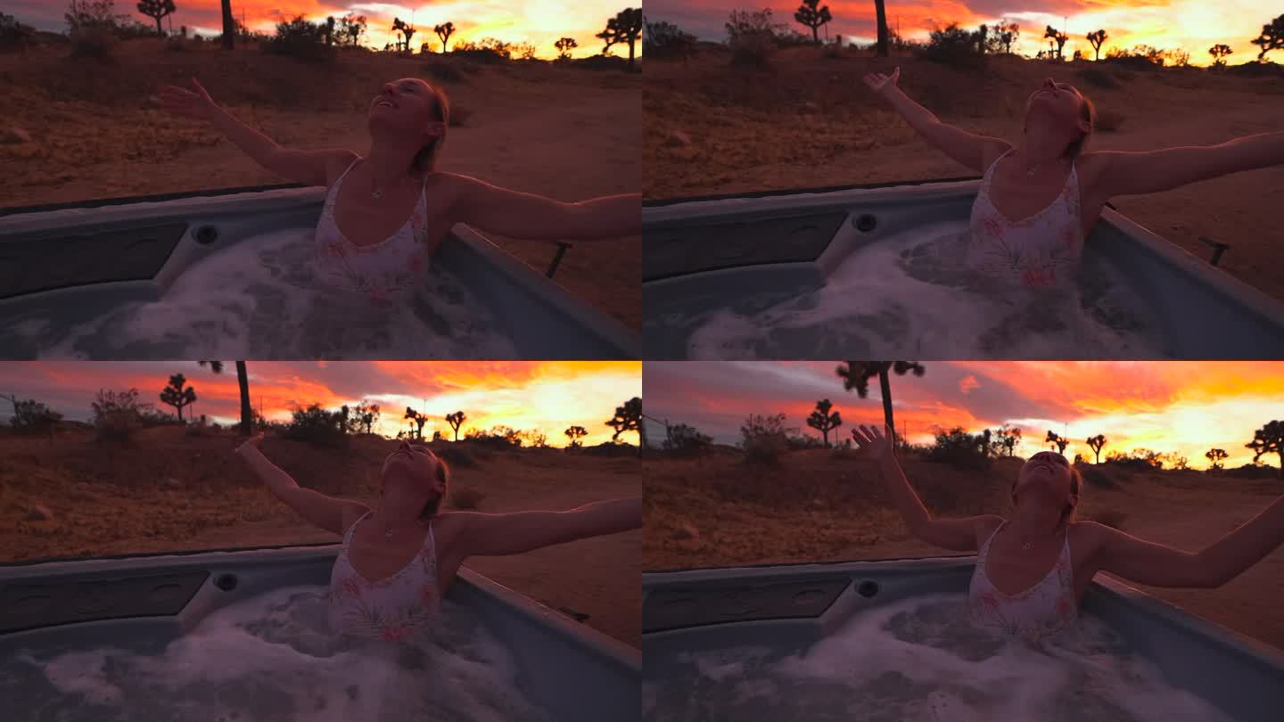 一个女人在度假屋的热水浴缸里放松