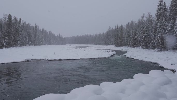 大雪纷飞的新疆喀纳斯河