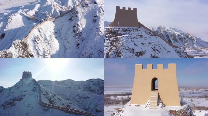 航拍嘉峪关悬壁长城雪景