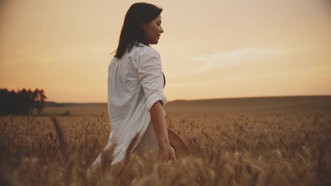 美丽的女人抚摸着麦子，欣赏着夕阳