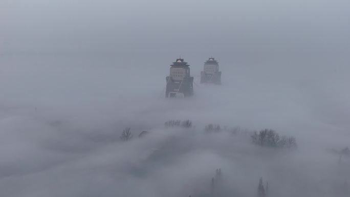 万福大桥晨雾 超低平流雾 车流 航拍大雾