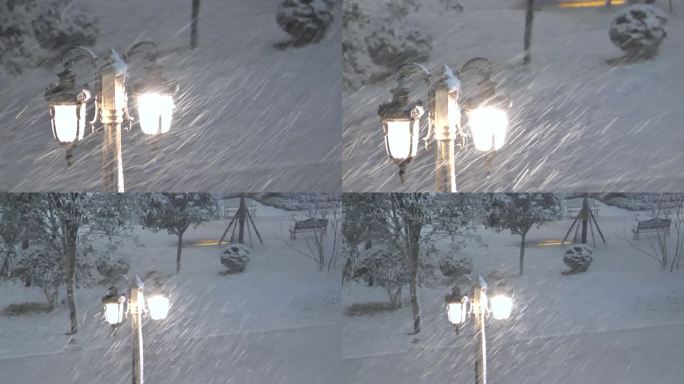 傍晚雪中的路灯