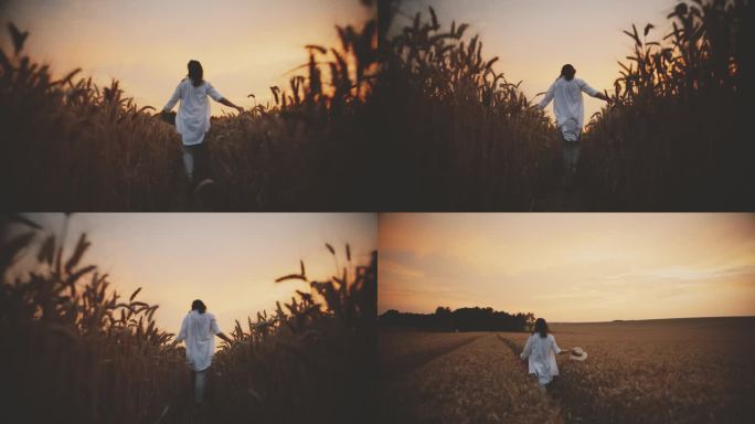 在风景如画的小麦农场里享受日落散步的快乐女人