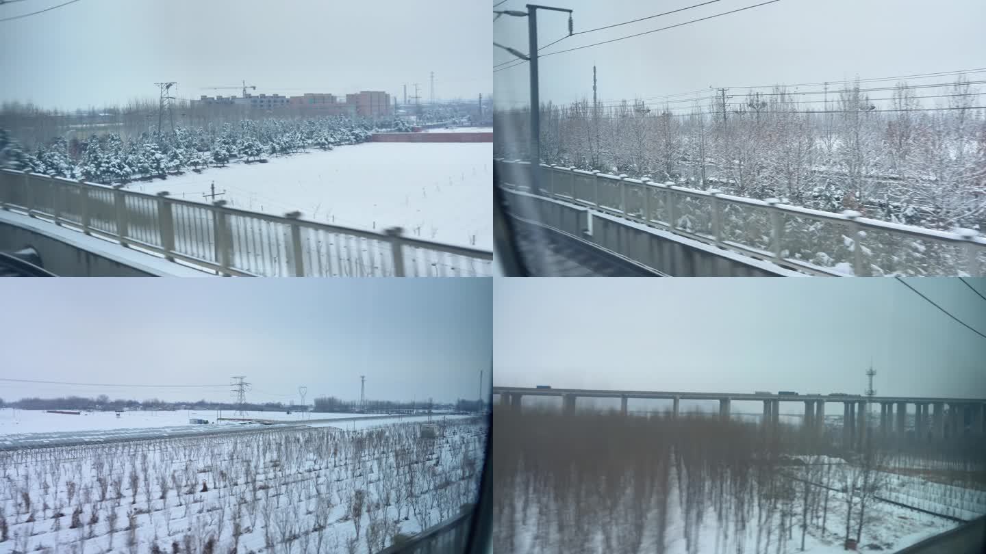 高铁窗外雪景 沿途旅行雪景风景旷野村庄