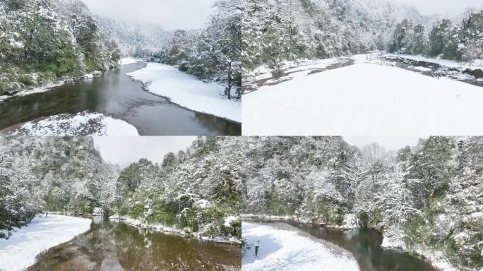 唯美雪景大气原始森林山谷溪流冰雪世界