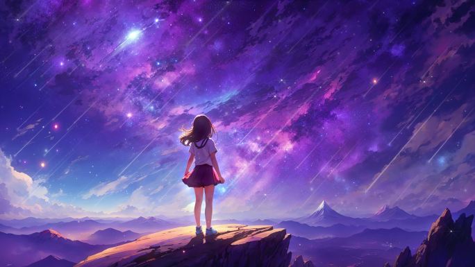 4K唯美梦幻女孩星夜星空山顶银河繁星背景