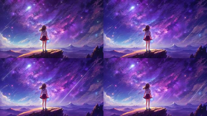 4K唯美梦幻女孩星夜星空山顶银河繁星背景