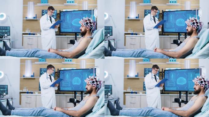 医生戴着脑部扫描设备坐在床上分析病人
